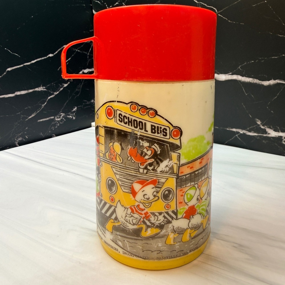 Vintage Aladdin Mickey Mouse Donald Duck School Bus Thermos 8oz Red Yellow